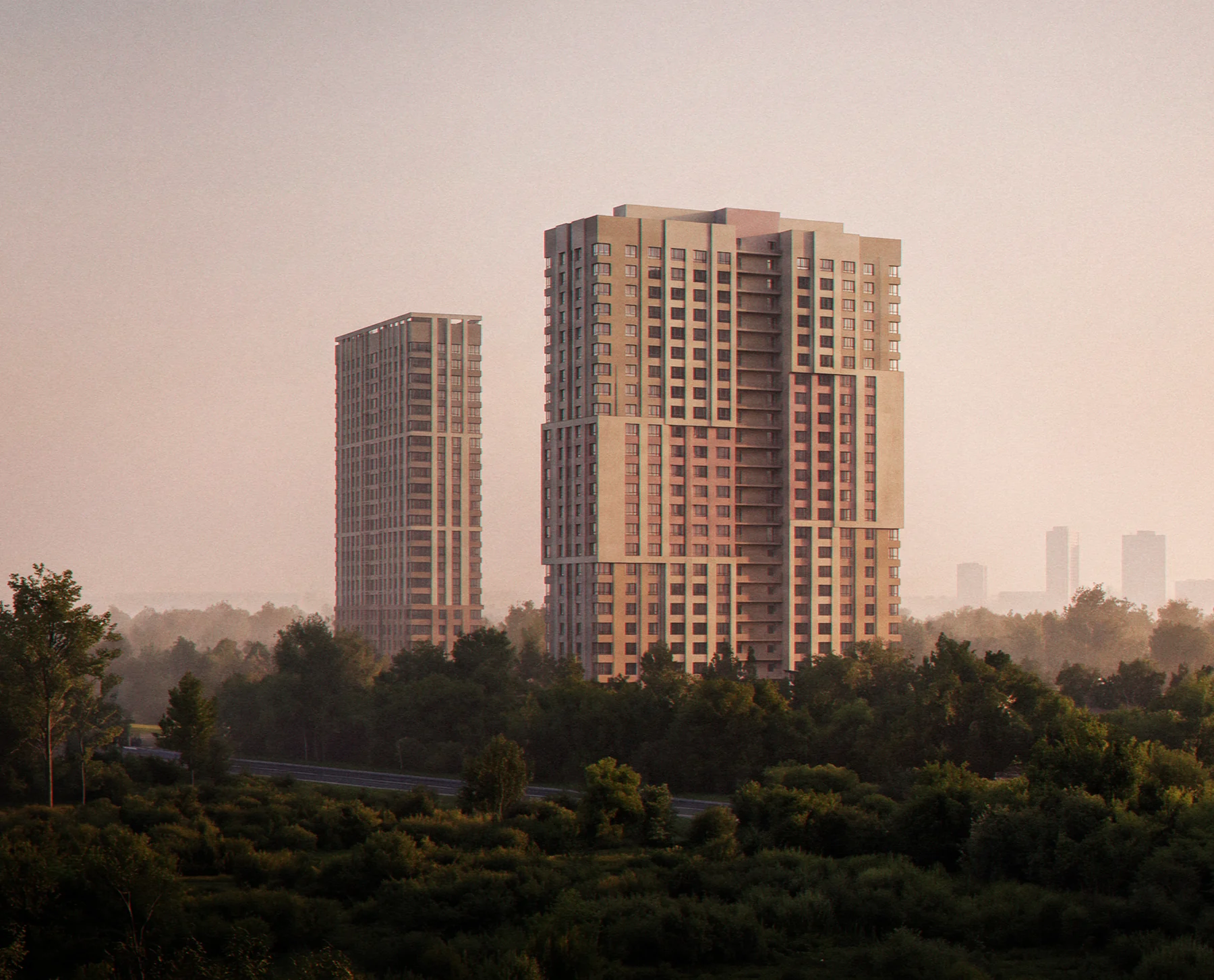 Render of two residential towers rising out of a forest in the pink haze of early morning