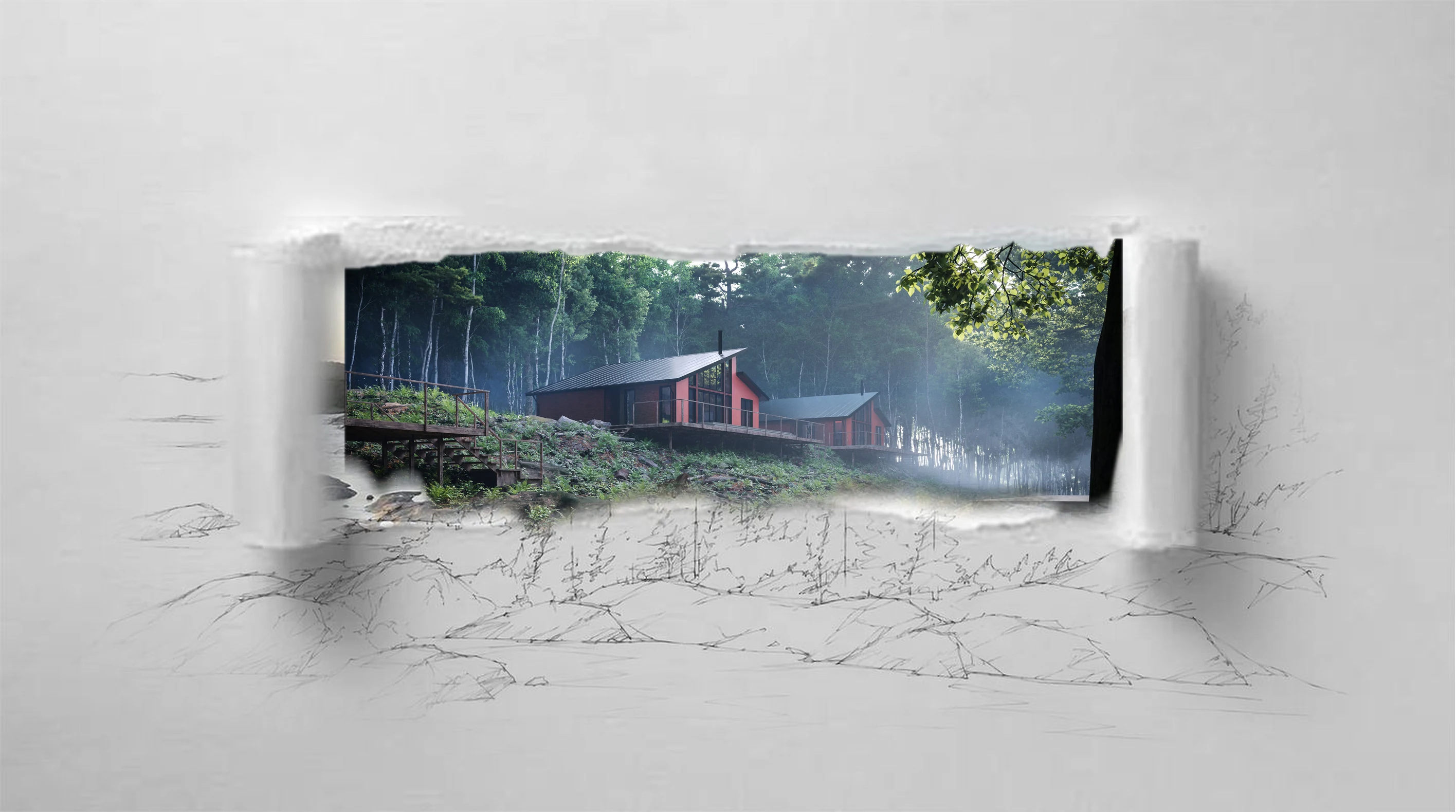 A red timber cabin in a misty birch forest, revealed through a torn window in a pencil sketch