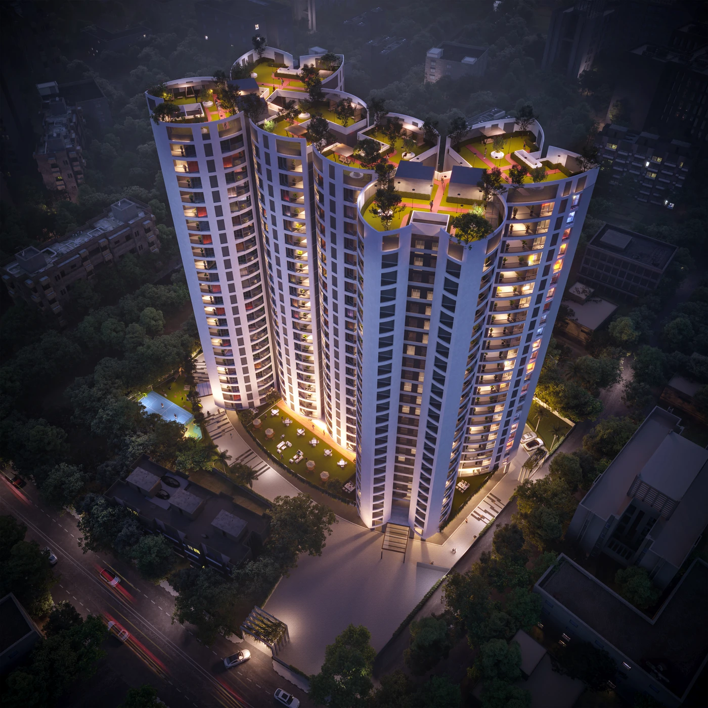 Exterior render by Archlane: bird eye dusk