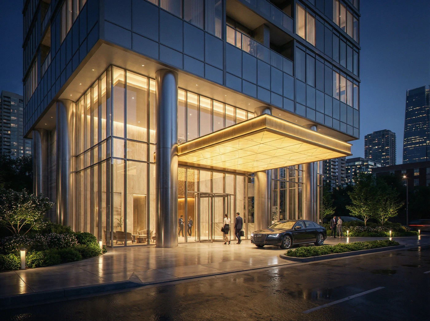 Exterior render by Archlane: night entrance