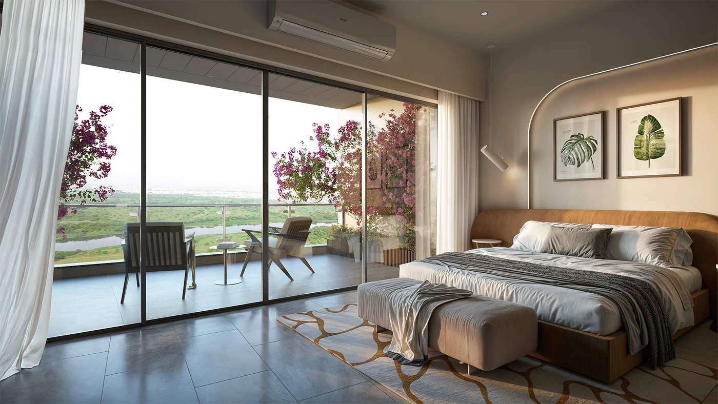 Interior render by Archlane: bedroom to balcony