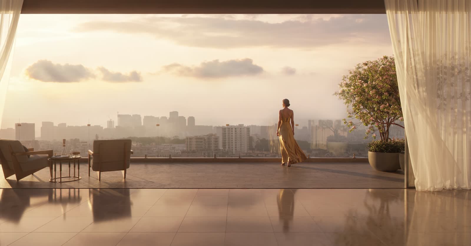 A woman in a golden dress on a sunlit penthouse terrace, looking out over a hazy city skyline